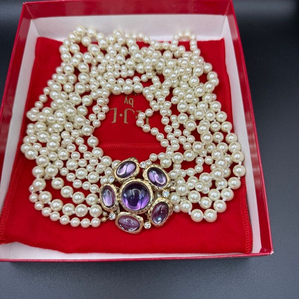 Kenneth Jay Lane Vintage Multi-Strand Pearl Necklace purple Cabochon  New
